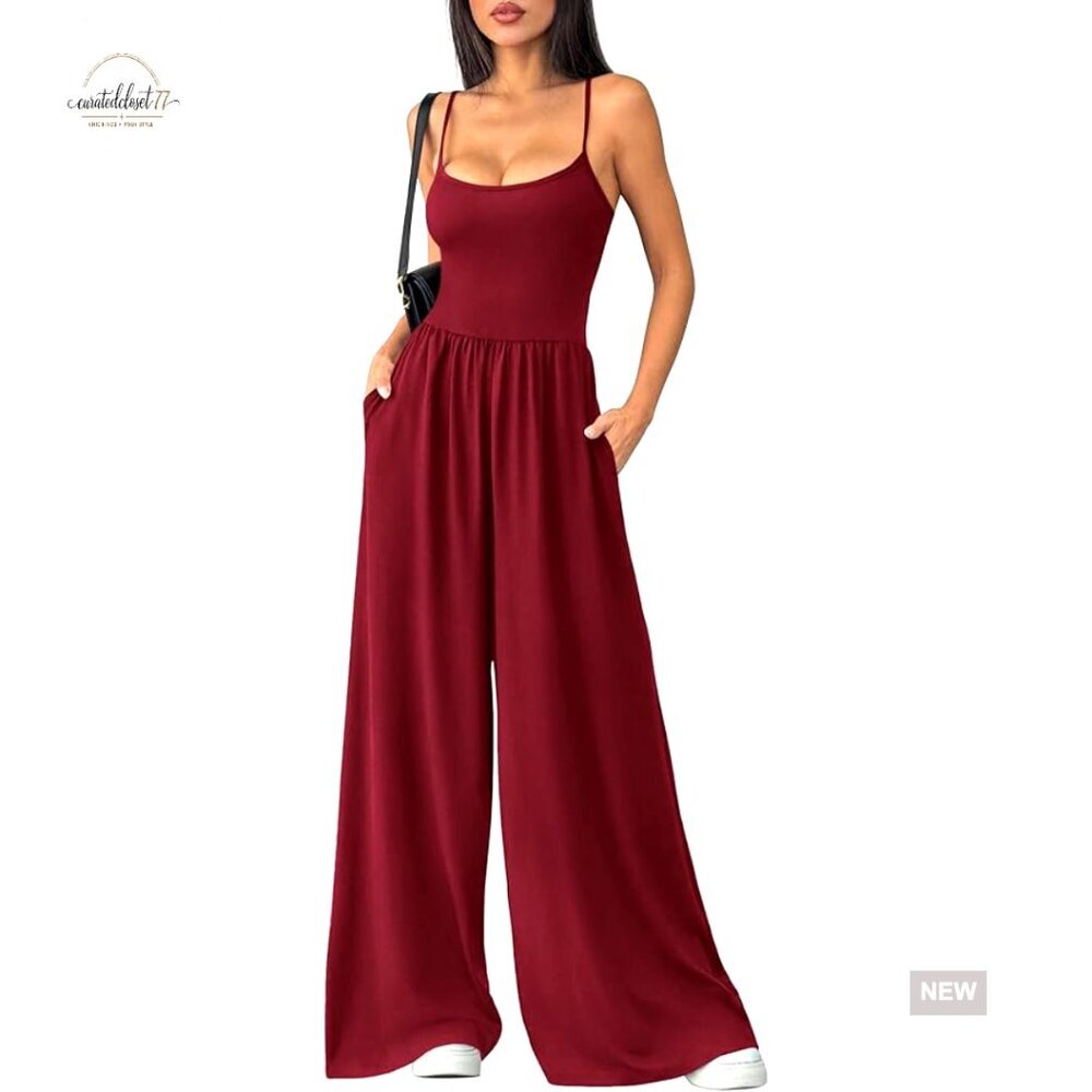 Sleeveless Wide Leg Jumpsuit, Adjustable Straps, Side Pockets, OEKO-TEX